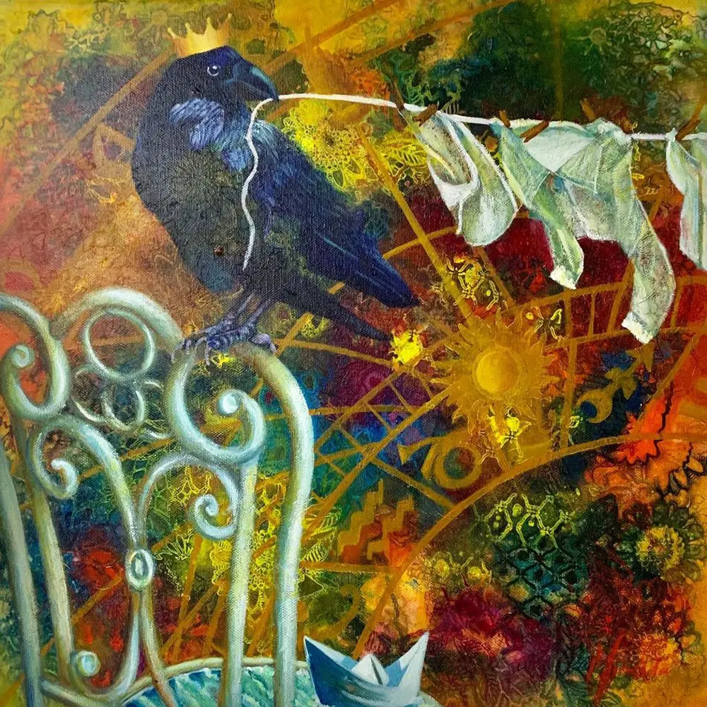 Crow and Washing - mixed media artwork